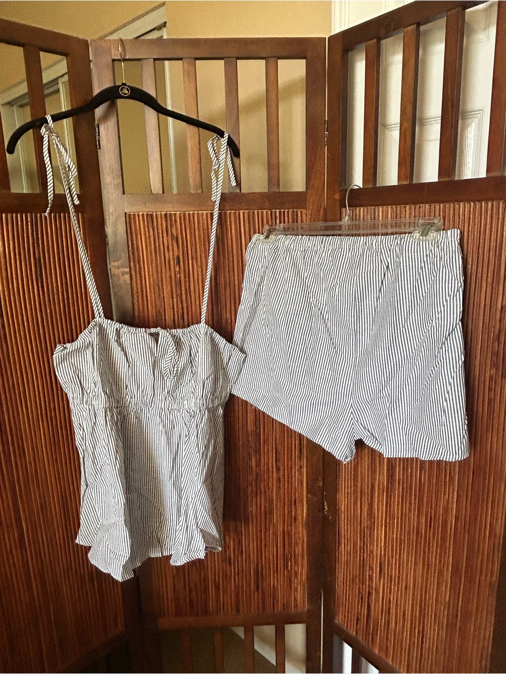 SHEIN Striped Tie-Shoulder Cami & Shorts Set — Blue & White